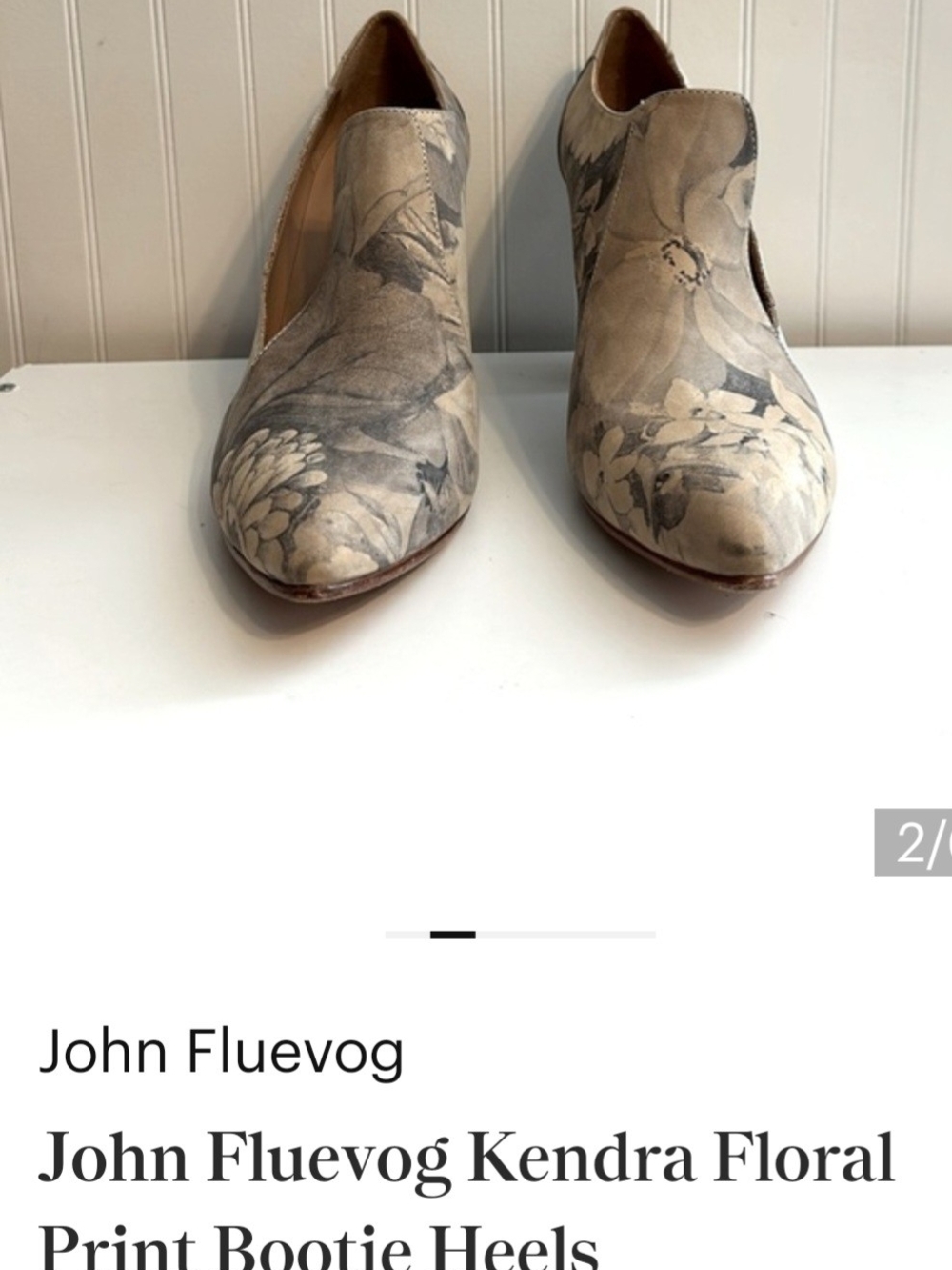 John Fluevog Cream and Gray Floral Leather Slip-On Heels